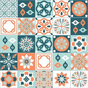 Square ceramic tiles blue orange pastel color, mediterranean style interior d Illustrazione stock