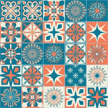 Square ceramic tiles, orange blue pattern, symmetrical floral motif, vector i Stockillustratie