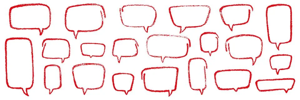 Square chalk, crayon hand drawing red speech bubble set. Vector stock grunge Stock Illustration