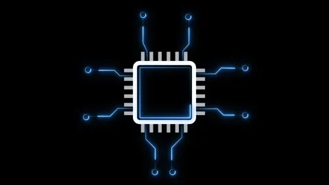 Square chip animation with blue neon lines. Square chip digital technology .. Stock Footage 337022360