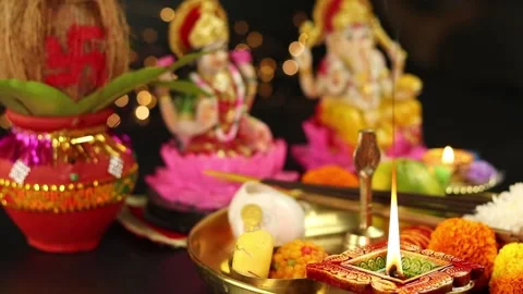 Square Clay Diya Deep Or Dia Lit In Puja Thali With Ganesha Lakshmi Laxmi Stock Footage 163425762