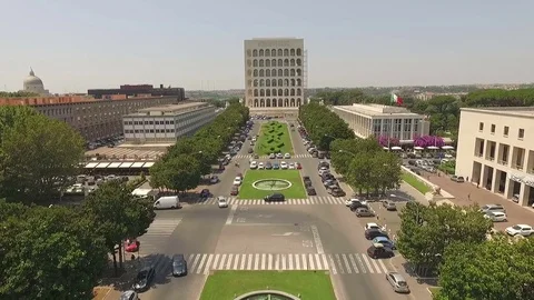 Square coliseum on the bottom.Built during the Fascist era. Italy. Stock Footage 70370909