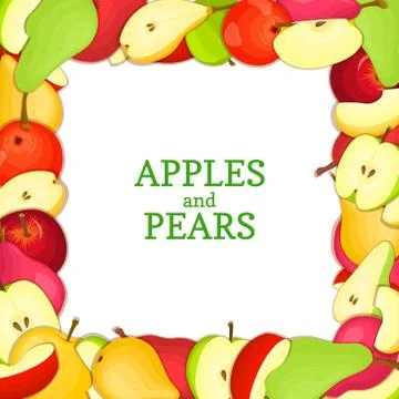 Square colored frame composed of delicious pear apple fruit. Vector card Stock Illustration