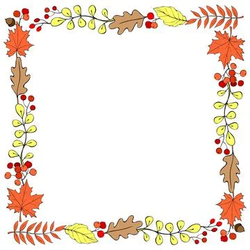 Square colorful frame, border made of colorful autumn leaves, berries hand dr Stock Illustration