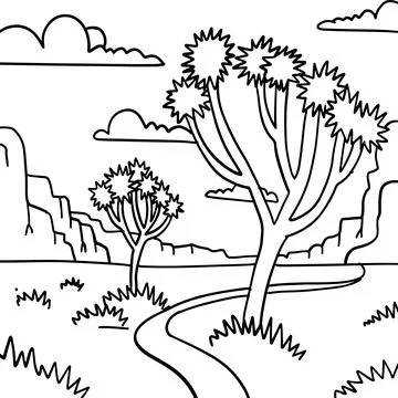 Square coloring page - Black linear hand drawn Joshua tree . Minimalist line art Stock Illustration