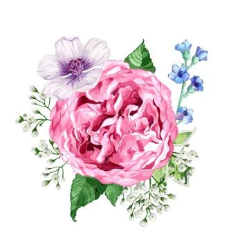 Square composition of flowers roses, hydrangea, apple tree flowers and leaves in Illustrazione stock