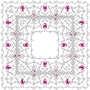 Square composition with silver scrolls and gems Stock Illustration