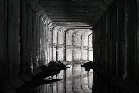 A square concrete drainage tunnel with a light at the end that shines from th Foto stock
