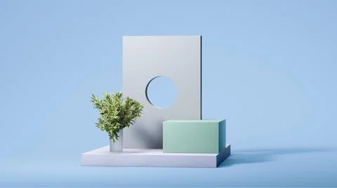 Square concrete gray arc with round hole near plants and mint colored showcase Stock Illustration