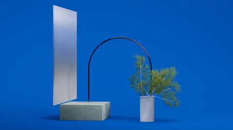Square concrete showcase, tree branches in vase, glass and metallic arc on blue Stock Illustration