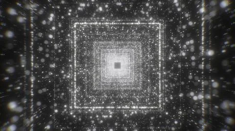 Square corridor with glowing particles. Motion. Cosmic corridor with shimmering Illustrazione stock