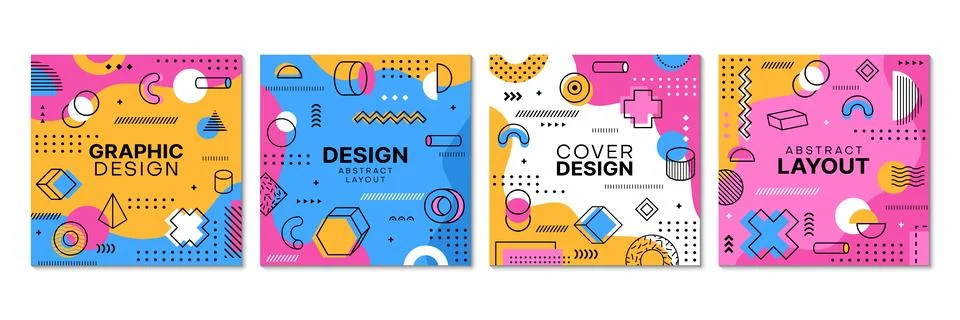Square covers, Memphis pattern geometric shapes Stock Illustration