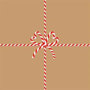 Square craft brown background with candy cane ribbon. Christmas packing str.. Illustrazione stock