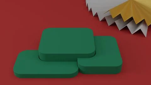 Square cubic pedestal showcase display with paper fans nearby, 3D render illu Stock Illustration