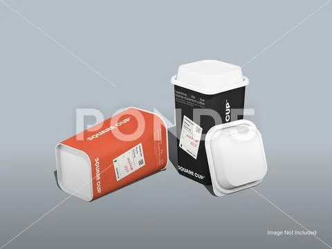 Square Cup Mockup with Lid 3D Rendering Drink Takeaway Packaging PSD Template