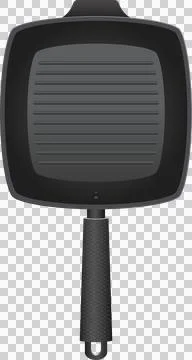 A square, dark gray grilling pan with ridged interior, a textured handle, a.. Illustration