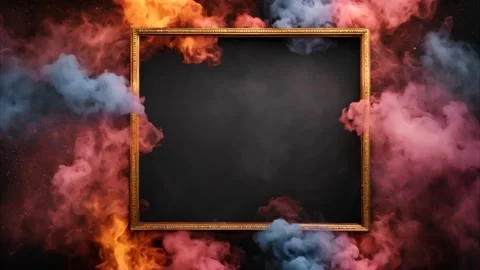 Square decorated gold frame on a dark background, surrounded by colorful smok Vídeos de archivo 273953096
