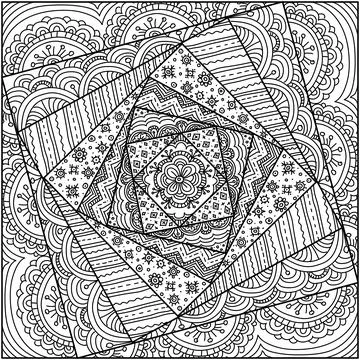 Square decorated pattern coloring book. Adult antistress drawing ornate ink hand Illustrazione stock