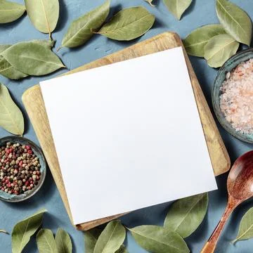 A square design template for a recipe, kitchen flat lay on a blue background, Foto stock