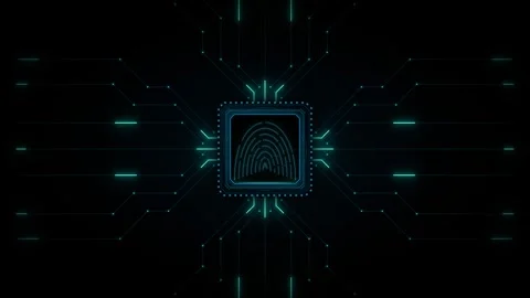 Square digital fingerprint sensor on a futuristic circuit board with cyan lig 動画素材 335826472