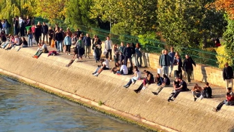 Square du Vert-Galant stone riverbank wall with people relaxing in Paris Stock-Footage 337343984
