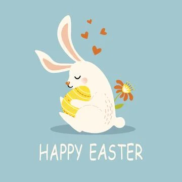 Square easter banner with cute bunny hugging easter egg Stock Illustration