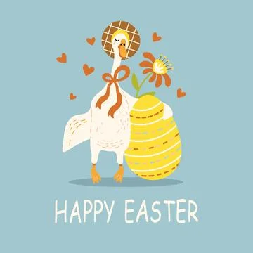 Square easter banner with cute goose and easter egg Stock Illustration