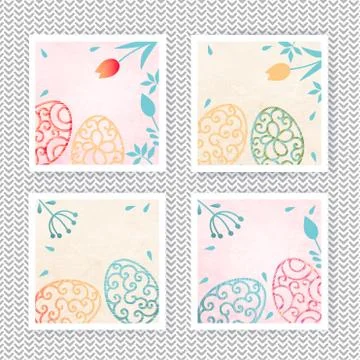 Square Easter banner. Ornamental eggs with floral elements on watercolor Stockillustratie