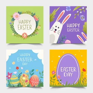 Square Easter cards featuring bunnies, eggs, and flowers Stock Illustration