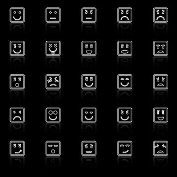 Square face line icons with reflect on black background Stock Illustration