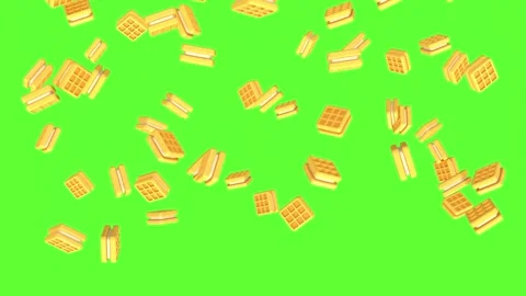Square filled waffles fall like rain on a green chroma key background Video stock 330948065