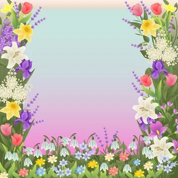 Square floral frame with spring garden flowers Stock Illustration