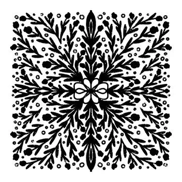 Square floral pattern. Linocut, graphics, rustic. Shabby old texture. Vector  Illustrazione stock