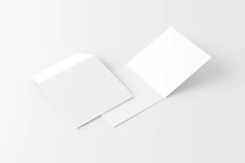 Square Folded Invitation Card With Envelope White Blank 3D Rendering Mockup Stock Illustration