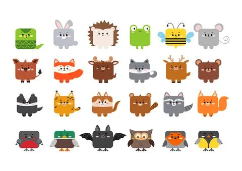 Square forest animal faces with paws set isolated on white background. Stock Illustration