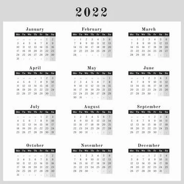 Square format Calendar for year 2022 in neutral black and white design Illustrazione stock