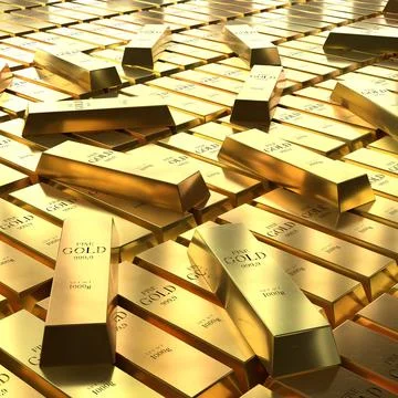 Square Format of Scattered Gold Bars - 3d illustration Stock Illustration