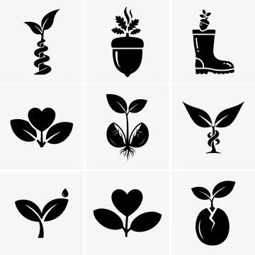 Square format showcases multiple black vector glyphs seedlings, leaves, heart Stock Illustration