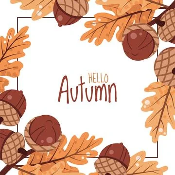 Square Frame with Acorns and Oak Leaves in Flat Style. Ideal for Autumn Cards Stock Illustration