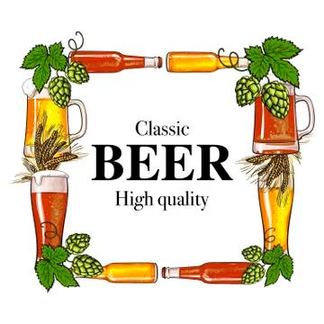 Square frame of beer bottle, mug, glass, malt and hop Stock Illustration