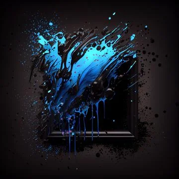 A square frame with blue and black paint splashes on black background. Stock Illustration