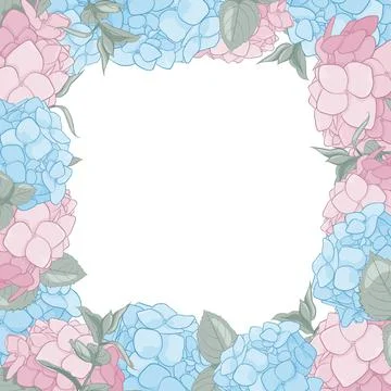 A square frame of blue and pink hartensia bushes. Pastel decoration with flow Stock Illustration