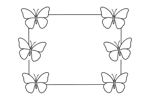 Square frame border design featuring six stylized butterflies Stock Illustration
