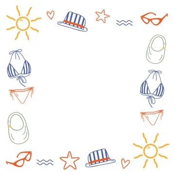 Square Frame Border Mediterranean Summer Beach Accessories in Outline Hand Drawn Stock Illustration
