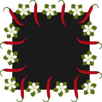 Square frame border with red chili peppers with white flowers and green leaves Stock Illustration
