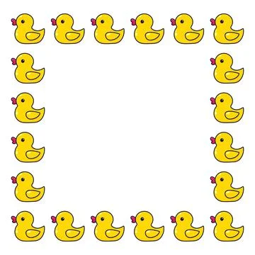 Square frame of cartoon cute yellow ducks. Hand drawn.  Vector illustration Stock Illustration