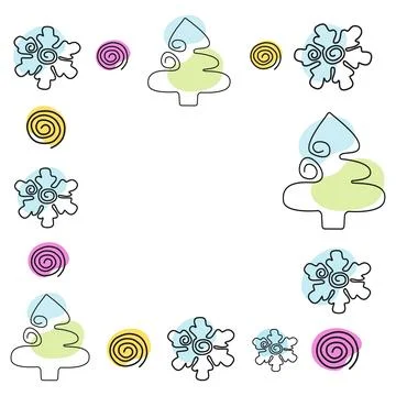 Square Frame with Christmas trees, snowflakes and spirals over color spots on Stock Illustration