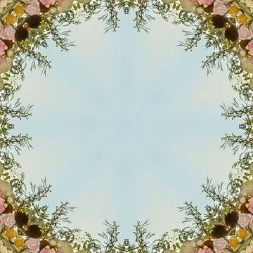 Square frame Circular angular floral design made from wedding flowers at sunset Stock Photos