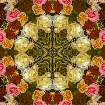 Square frame Circular floral design with red and pink roses at a wedding Stock Photos