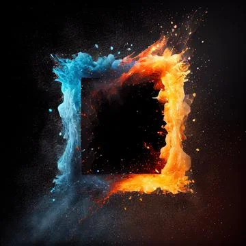 A square frame in the clash of ice and fire on black background. Stock Illustration